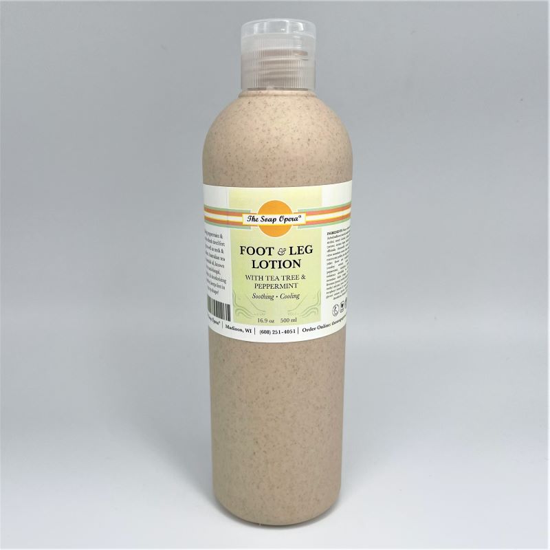 the soap opera foot and leg lotion with tea tree and peppermint soothing spa moisturizer 16.9oz size scented essential oils in bottle