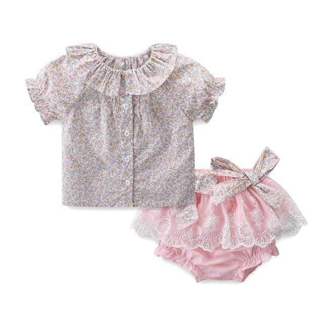 Pink / 12M Floral Print Girls Tops +Lace Panties